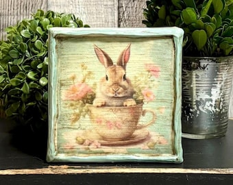 Spring Bunny in Teacup Wall Art Easter Bunny Decor, Cottagecore Rabbit Shelf Sitter Sign, Spring Beeswax Farmhouse Wall Decor, Vintage Bunny