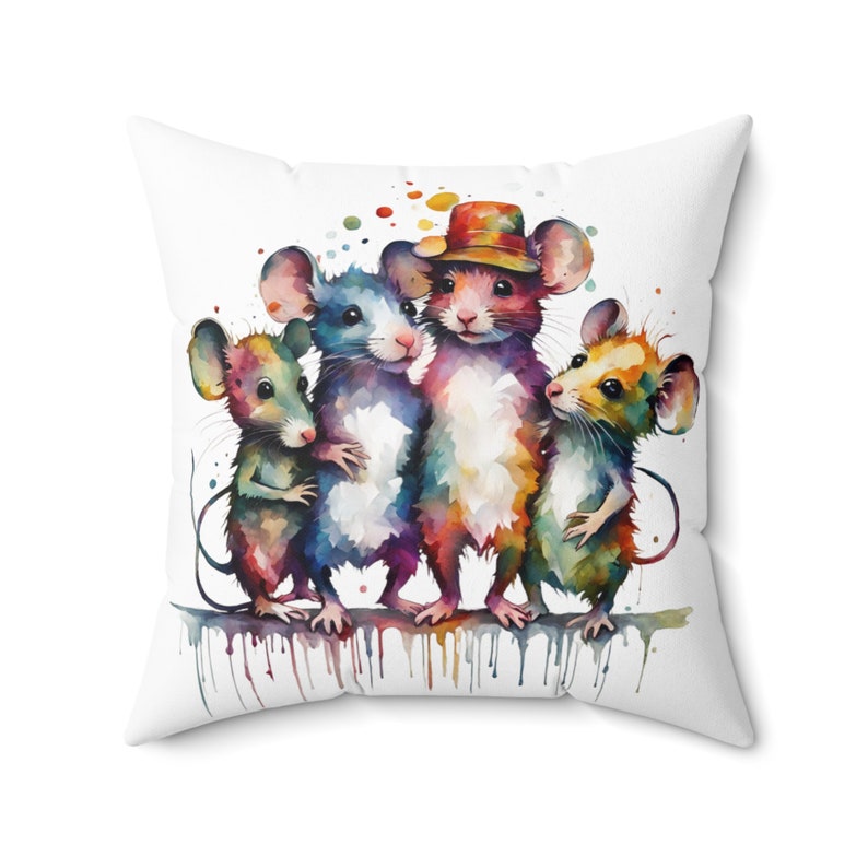 A colorful family of mice painted in a vibrant watercolor style, with playful splashes and a touch of charm from a hat-wearing central figure. 
Pillow, mice, mouse, artistic, creative, sleeping, funny pillow, gift for him, gift for her, kids pillow