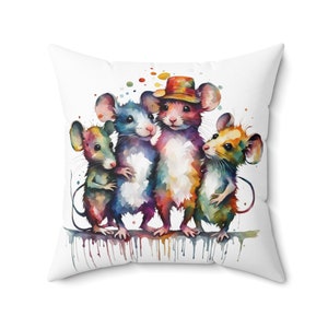 A colorful family of mice painted in a vibrant watercolor style, with playful splashes and a touch of charm from a hat-wearing central figure. 
Pillow, mice, mouse, artistic, creative, sleeping, funny pillow, gift for him, gift for her, kids pillow