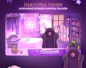 SOBREPOSIÇÃO DE TRANSMISSÃO DE GENSHIN Animada para streamers e vtubers - | Pacote fofo inspirado em Inazuma | Pacote de transmissão com estética japonesa elegante e roxa |