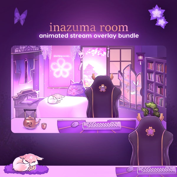 GENSHIN STREAM OVERLAY Animierte für Streamer & Vtuber - | Niedliches Inazuma inspiriertes Bündel | Lila elegantes japanisches ästhetisches Stream Pack |