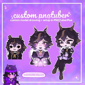 May include: A purple graphic with the text "custom pnotuber" and "custom model drawing + setup in PNGTuberPlus." The image features three cartoon characters with horns and dark hair, and a fourth character in a purple outfit. The Etsy shop URL is visible.