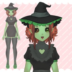 May include: Illustration of a green-skinned witch character with red hair, wearing a black witch hat with green trim, a black dress with a heart-shaped cutout, and green platform shoes. The background is a pink and white diagonal striped pattern.