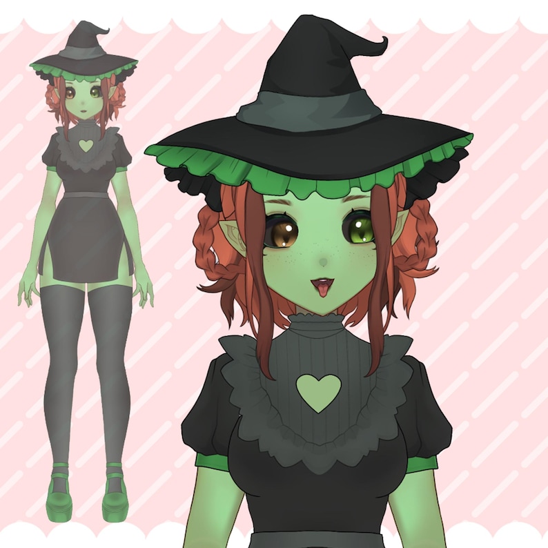 May include: Illustration of a green-skinned witch character with red hair, wearing a black witch hat with green trim, a black dress with a heart-shaped cutout, and green platform shoes. The background is a pink and white diagonal striped pattern.