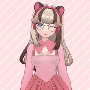 May include: A digital illustration of a cartoon character with long blonde hair, brown highlights, and blue eyes. The character wears a pink dress, a pink headset with bear ears, and round glasses. The background is a light pink with diagonal white stripes.