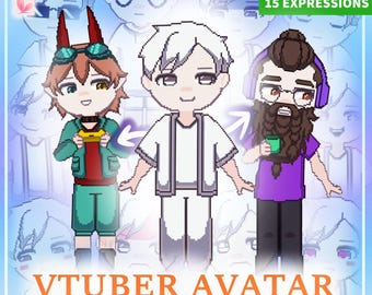 VTUBER PERSONALIZÁVEL (versão masculina) Modelo Pixel Chibi - Avatar Anime de Corpo Inteiro Modificável - Mascote pronta para Vtube Studio com mais de 120 peças pré-fabricadas