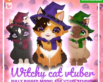 Modelo Vtuber de gato bruxa fofo - personalizável, totalmente equipado com expressões - mascote animal avatar de Halloween - modelo Chibi Live2D - mutável