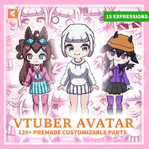 CUSTOMIZABLE VTUBER Pixel Chibi Model - Fullbody Changeable Anime Avatar - Vtube Studio ready Cute Mascot 120+ Premade Parts & Expressions