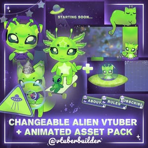 May include: A digital graphic showcasing green alien characters with large eyes and accessories. The image includes the text "STARTING SOON...", and the words "CHANGEABLE ALIEN VTUBER + ANIMATED ASSET PACK" along with the username "@vtuberbuilder".