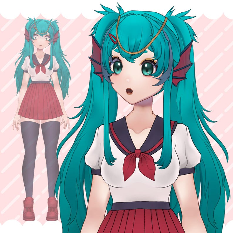 May include: Digital illustration of a character with teal hair styled in long pigtails, adorned with red accents. The character wears a white sailor-style top with a red bow, a red pleated skirt, and red shoes. The background is a light pink with white heart shapes.