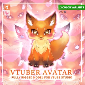 May include: A cute orange fox avatar with sparkling eyes and a pink blush. The avatar is fully rigged and ready for use in Vtube Studio. 3 color variants are available.