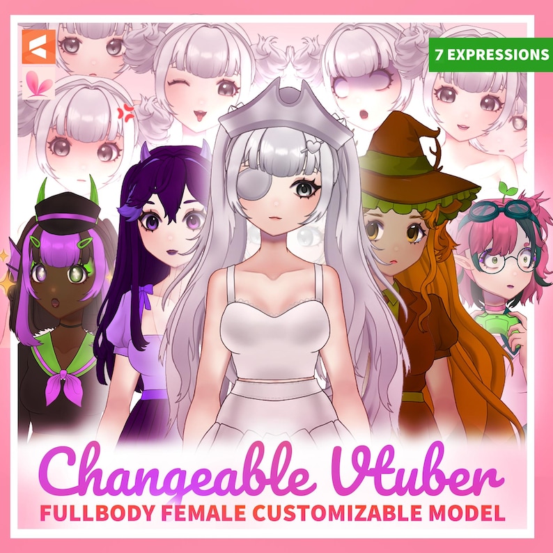 May include: A digital art image featuring several anime-style female characters with various hairstyles and outfits. The image includes the text "Changeable Vtuber" and "Fullbody Female Customizable Model". The characters have different expressions and accessories.