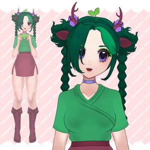May include: An anime-style illustration of a character with green hair styled in braids and adorned with purple antlers and a leaf. The character wears a green top, a red skirt, and purple boots. The background is a light pink color.
