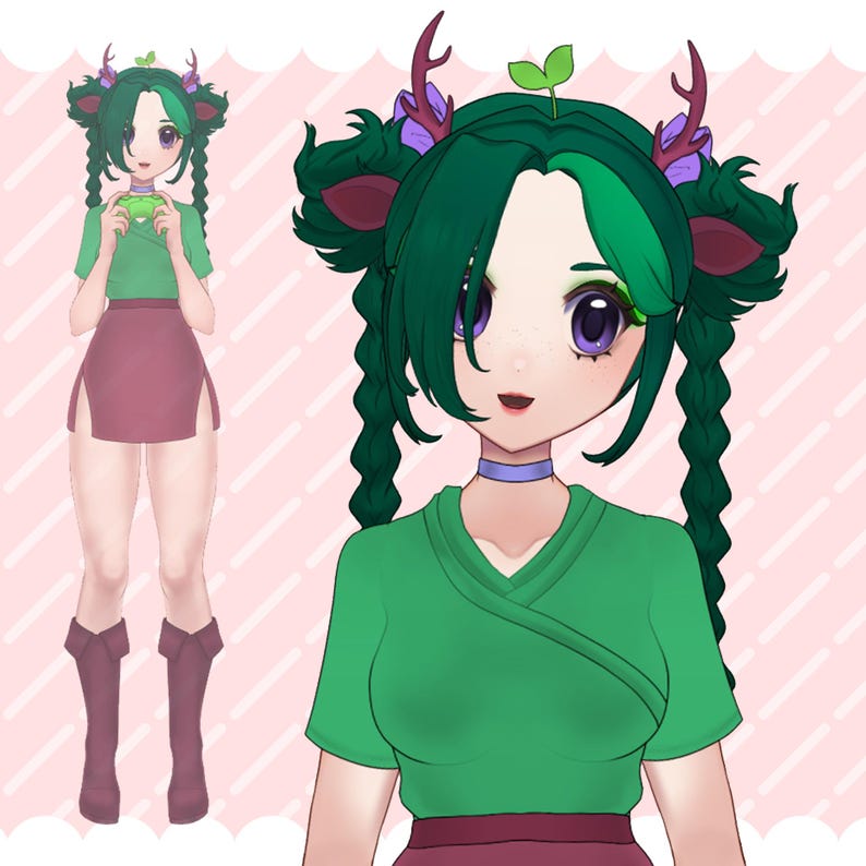 May include: An anime-style illustration of a character with green hair styled in braids and adorned with purple antlers and a leaf. The character wears a green top, a red skirt, and purple boots. The background is a light pink color.