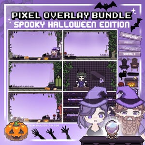 Peut inclure: Graphique en pixel art pour un pack d'overlays Spooky Halloween Edition. Le design présente une palette de couleurs violettes avec des personnages pixélisés, des chauves-souris et une citrouille d'Halloween. Le texte comprend "Pixel Overlay Bundle" et "Spooky Halloween Edition."