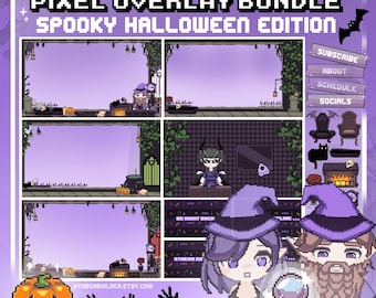 Sobreposição de pixel de Halloween - Pacote de recursos animados assustadores para streamers - Vtubers e Pngtubers - Pacote de gráficos de streaming inspirados em jogos de terror em pixel