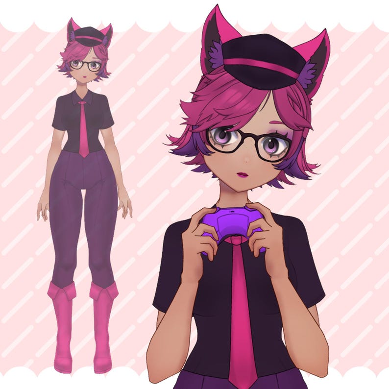 May include: Digital illustration of a character with pink hair, cat ears, and glasses, wearing a black shirt, purple tie, and pants. The character is holding a purple game controller. The background is a light pink color with white diagonal lines.
