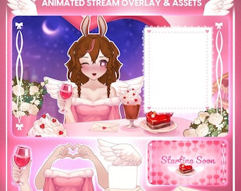 Sobreposição animada para transmissões ao vivo de Dia dos Namorados para vtubers | Quarto rosa romântico e fofo - Pacote com telas, recursos e sobreposições |