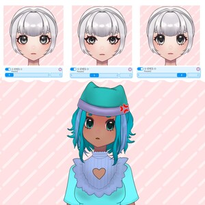 May include: Digital art of a female anime character with fair skin, gray hair, and three different eye variations. The character wears a blue outfit with a bib and a cat-eared hat. The background is a light pink with diagonal stripes.