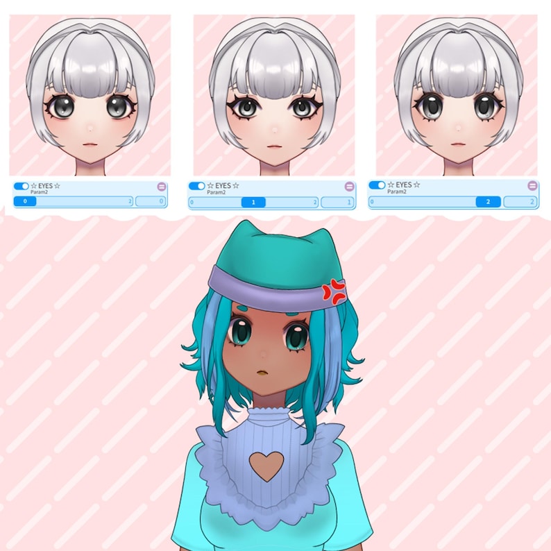 May include: Digital art of a female anime character with fair skin, gray hair, and three different eye variations. The character wears a blue outfit with a bib and a cat-eared hat. The background is a light pink with diagonal stripes.
