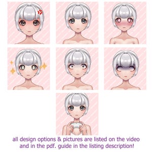 May include: A collection of seven digital illustrations of a female character with white hair and various facial expressions. The expressions include anger, neutrality, blushing, sparkling, surprise, and closed eyes. The background is a light pink with diagonal lines.
