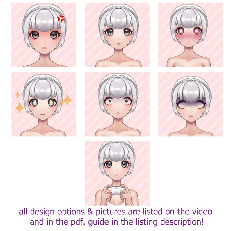 May include: A collection of seven digital illustrations of a female character with white hair and various facial expressions. The expressions include anger, neutrality, blushing, sparkling, surprise, and closed eyes. The background is a light pink with diagonal lines.