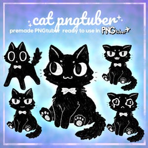 以下が含まれることがあります： 白い蝶ネクタイと大きな目を持つ黒猫のイラストのコレクション。「cat pngtuber」と「premade PNGTuber ready to use in PNGTuber」のテキストがグラデーションの背景に表示されています。