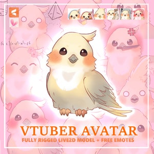 Puede incluir: Un avatar de pájaro lindo, amarillo y gris para usar como VTuber. El avatar está completamente animado y viene con emoticonos gratuitos. El avatar está rodeado de versiones más pequeñas de sí mismo con diferentes expresiones.
