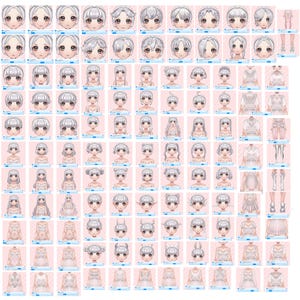 May include: A grid of anime-style character designs. The image features various hairstyles, facial expressions, and outfits. The color palette is primarily white, pink, and gray, with a focus on character customization options.