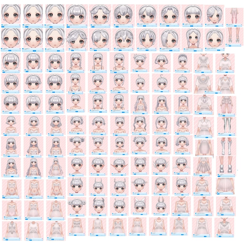 May include: A grid of anime-style character designs. The image features various hairstyles, facial expressions, and outfits. The color palette is primarily white, pink, and gray, with a focus on character customization options.