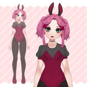 May include: Digital illustration of a character in a bunny-themed outfit. The character has pink hair, green eyes, and wears a dark red bodysuit with a gray top. The outfit includes bunny ears and black tights. The background is light pink with white diagonal lines.