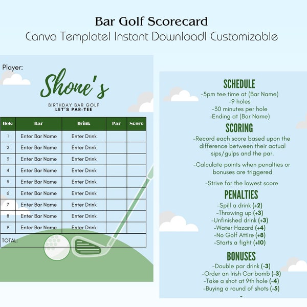 Pub Bar Golf Scorecard