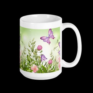 Butterflies In A Flower Garden In Watercolor White glossy mug zdjęcie 6