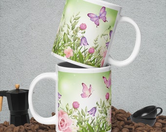 Butterflies In A Flower Garden In Watercolor White glossy mug