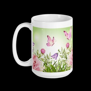 Butterflies In A Flower Garden In Watercolor White glossy mug zdjęcie 5