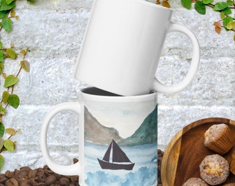 Peaceful Ocean with Dolphin White glossy mug
