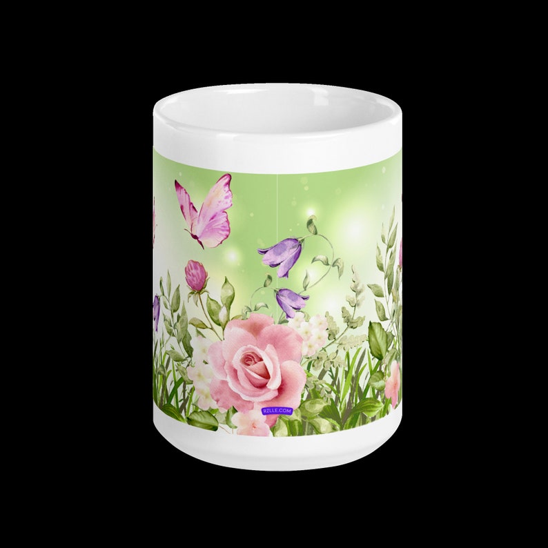 Butterflies In A Flower Garden In Watercolor White glossy mug zdjęcie 4