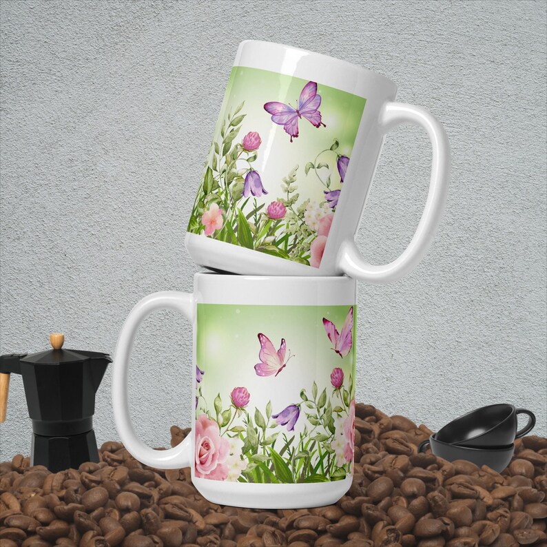 Butterflies In A Flower Garden In Watercolor White glossy mug