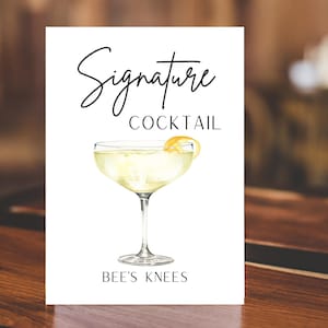 Modelo de placa de bebida com assinatura Bee's Knees, placa de bar para casamento, impressão de decoração de bar, modelo de placa de bebida com assinatura, bebidas com assinatura editáveis