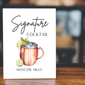 Modelo de placa de bebida com assinatura Moscow Mule, placa de bar para casamento, impressão de decoração de bar, modelo de placa de bebida com assinatura, bebidas com assinatura editáveis