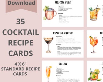 Cocktail Recipe Cards, Printable Drink Bar Recipes (Digital Download)