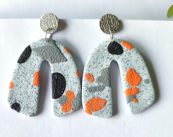 Polymer clay earrings, gray, black, coral