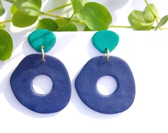 Dangling earrings in polymer clay, blue, green, yellow, terracotta