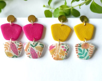 Dangling earrings in polymer clay, pink, yellow, flowers, floral