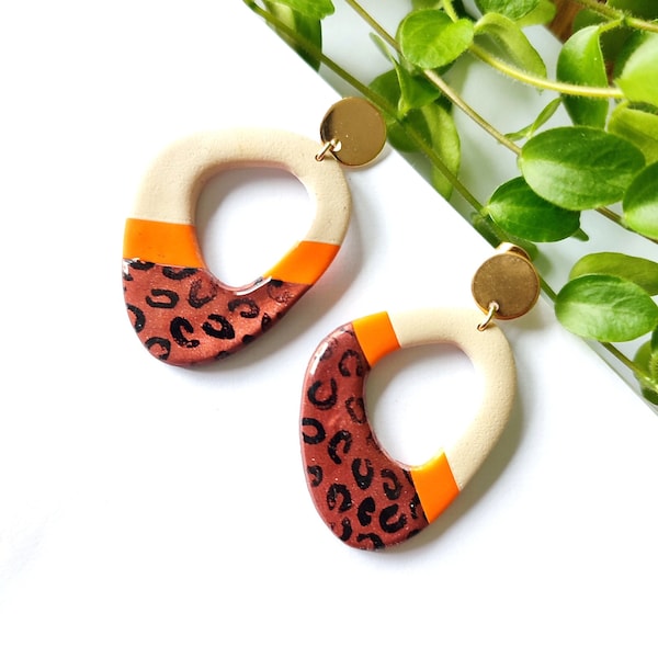 Pendientes colgantes de arcilla polimérica, leopardo, naranja