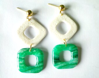 Dangling earrings in polymer clay, white, green, gold