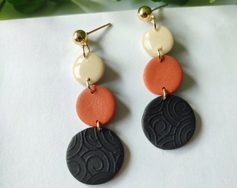 Dangling earrings in polymer clay, beige, black, terracotta