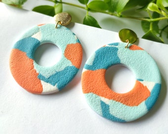 Polymer clay earrings, white, blue, white, coral