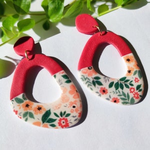 Polymer clay dangling earrings, cherry red, floral