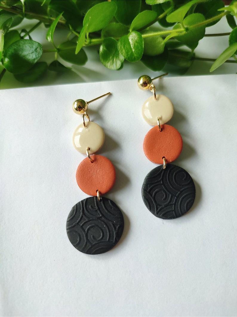 Dangling earrings in polymer clay, beige, black, terracotta image 1